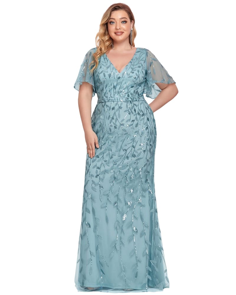 Front of a model wearing a size 20 Shiny V Neck Leaf-Sequined Bodycon Formal Evening Dresses in Dusty Blue by Ever-Pretty. | dia_product_style_image_id:283765